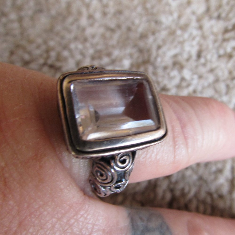 Vintage Ornate Scrolled Sterling and Emerald Cut Quartz Ring 7.5